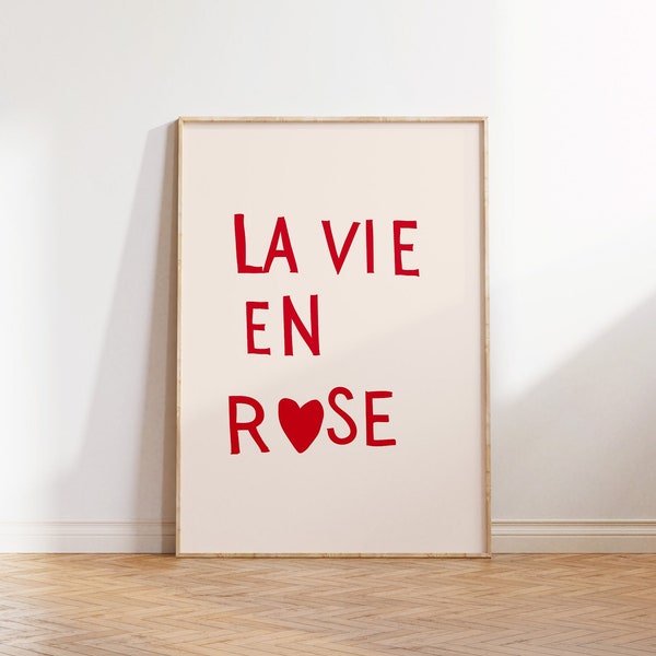 Impression de La Vie En Rose, affiche coeur minimaliste, décoration de salon tendance, appartement esthétique, art mural, citation française, art, téléchargement numérique, impression 1