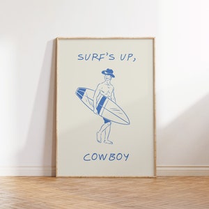 Retro Cowboy Poster Vintage Western Wall Art Wild West Print Coastal Cowboy Art Surfing Home Decor Surf&#39;s Up Cowboy Digital Download 1 Print