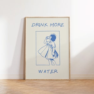 Cute Water Print Self Care Poster Trendy Vintage Girl Wall Art Retro Water Poster Blue Glass of Water Print Digital Download 1 Print