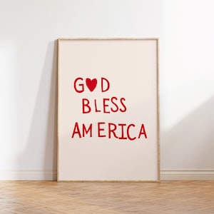 God Bless America Print Coração Tipografia Pôster Trendy Decoração de Quatro de Julho Impressão do Dia da Independência Pôster Patriótico Download Digital 1 Impressão