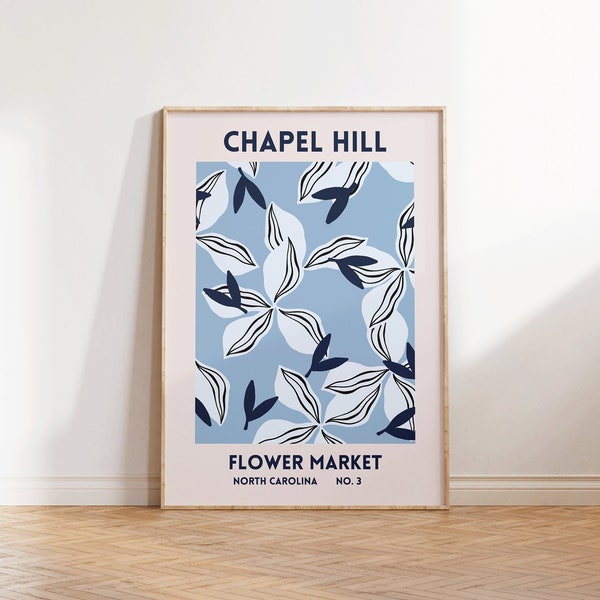 Chapel Hill North Carolina Flower Market Art Prints, Set of 1, Blue Chapel Hill Floral Posters, NC Wall Art Print, Digital Download