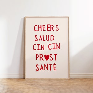 Cheers Print Bar Cart Wall Art Cheers in Different Languages Poster Cute Kitchen Decor Salud Art Print Heart Poster Digital Download 1 Print