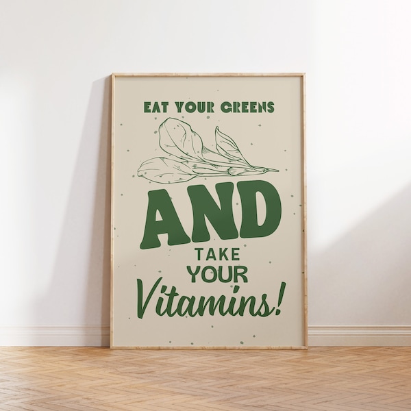 Green Retro Art Print Vintage Motivational Art Mental Health Poster Eat Your Greens Quote Print Vintage Wall Art Digital Download 1 Print