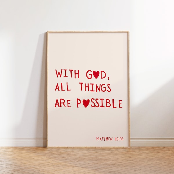 Minimalist Christian Wall Art Bible Scripture Poster With God All Things Are Possible Art Print Matthew 19:26 Print Digital Download 1 Print