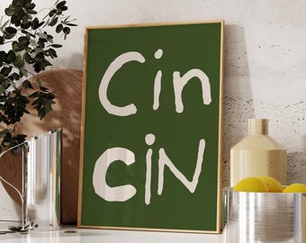 Cin Cin Print, Maximalist Bart Cart Decor, Cheers Poster, Green Kitchen Wall Art (Digital Download)