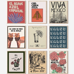 Vintage mexikanische Drucke Mexiko Galerie Wandkunst Retro mexikanische Dekor Kaktus Druck Tequila Poster mexikanische Kunst Bundle digitaler Download Set von 9