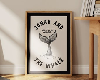 Jonah and the Whale Art Print Christian Wall Art Bible Minimalist Poster Biblical Prints Vintage Christian Decor Digital Download 1 Print