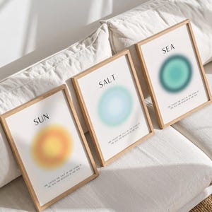 Modern Beach House Decor, Coastal Aura Art Prints: "Sun, Salt, Sea" (Digital Download, Set of 3)