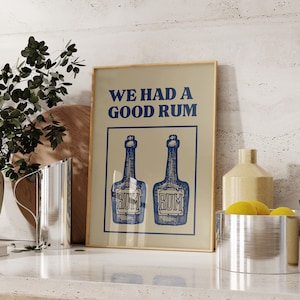 Funny Rum Print Retro Bar Art Print Trendy Liquor Poster Navy Blue Kitchen Wall Art Rum Poster Vintage Bar Cart Art Digital Download 1 Print
