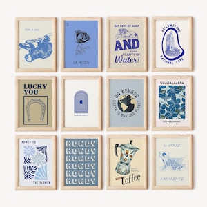 Blue Gallery Wall Bundle Trendy Retro Art Set Blue Vintage Wall Decor 70s Aesthetics Artwork Blue Poster Bundle Digital Download Set of 12