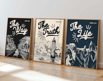 The Way The Truth The Life Print Set: Retro Jesus Wall Art, Christian Poster Bundle (Digital Download, 3 Prints)