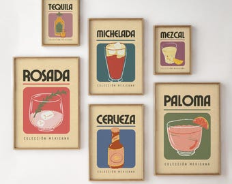 Mexicaanse cocktailkunstprints, vintage decor barwagen (digitale download, set van 6)