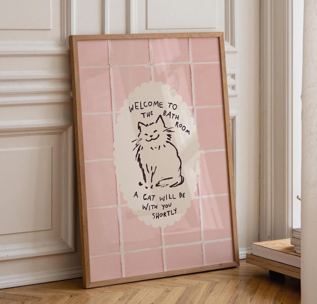 Funny Cat Bathroom Print, Pink Bathroom Decor, Quirky Cat Wall Art ...