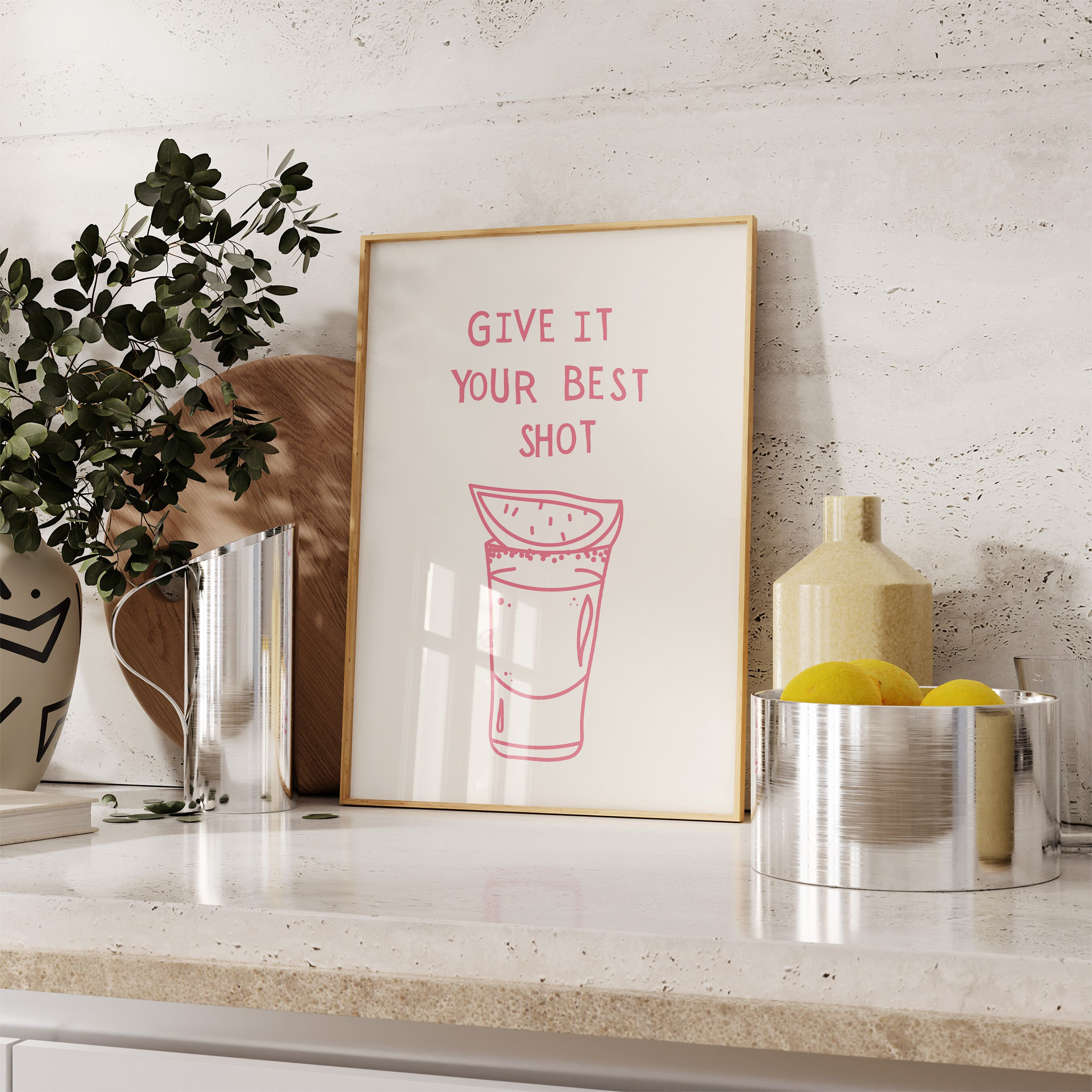 Pink Tequila Shot Art Print: Modern Bar Cart Decor (Digital Download)