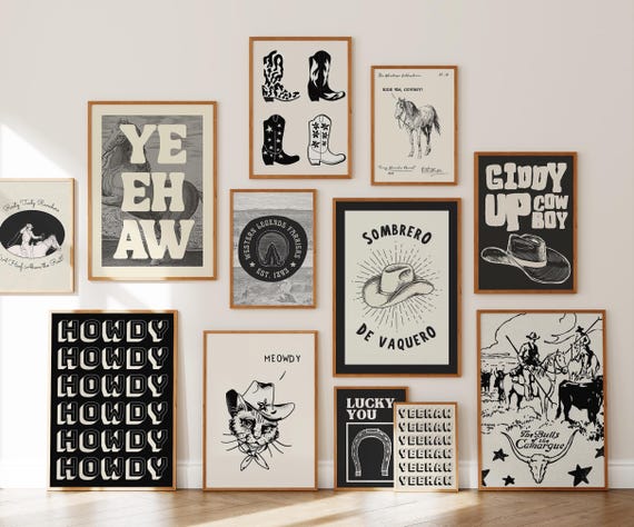 Retro Western Art Prints, Vintage Cowboy Gallery Wall Decor (Digital Download, Set of 12)