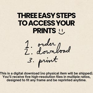 May include: A beige background with black text detailing "THREE EASY STEPS TO ACCESS YOUR PRINTS", followed by the steps: order, download, and print. The text below states this is a digital download.