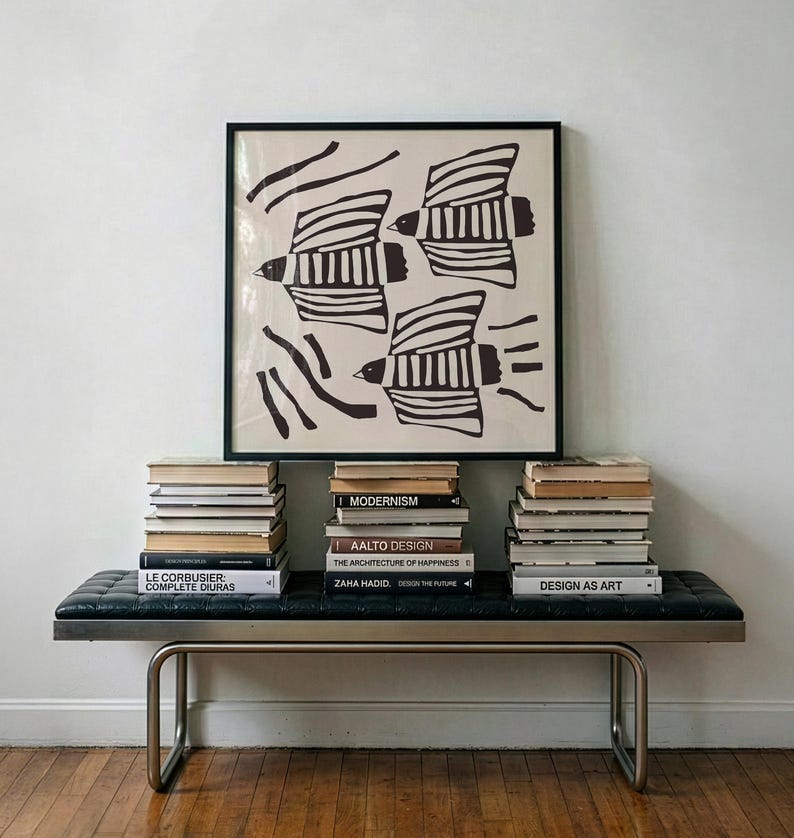 Retro Striped Folk Print Set of 2, Neutral Modern Decor, Bird and ...