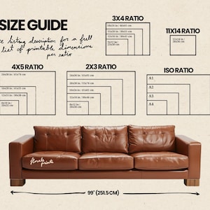 May include: A brown leather sofa with a 99-inch (251.5 cm) width, displayed with size ratio guides for printable art. The image includes text that says "SIZE GUIDE" and "floralprinte".