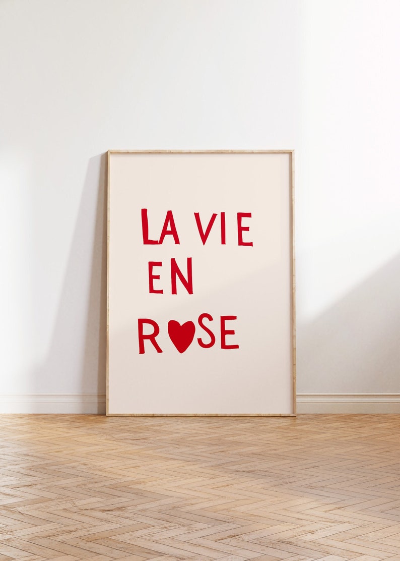 La Vie En Rose Print Minimalist Heart Poster Trendy Living Room Decor Aesthetic Apartment Wall Art French Quote Art Digital Download 1 Print image 1