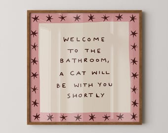 Pink Cat Bathroom Wall Art, Whimsical Pet Lover Decor, Funny Bathroom Print (Digital Download, SQUARE)