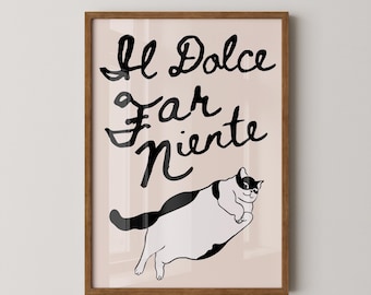 Lámina Il Dolce Far Niente, Arte mural de gato italiano, Póster de gatito en blanco y negro (Descarga digital)