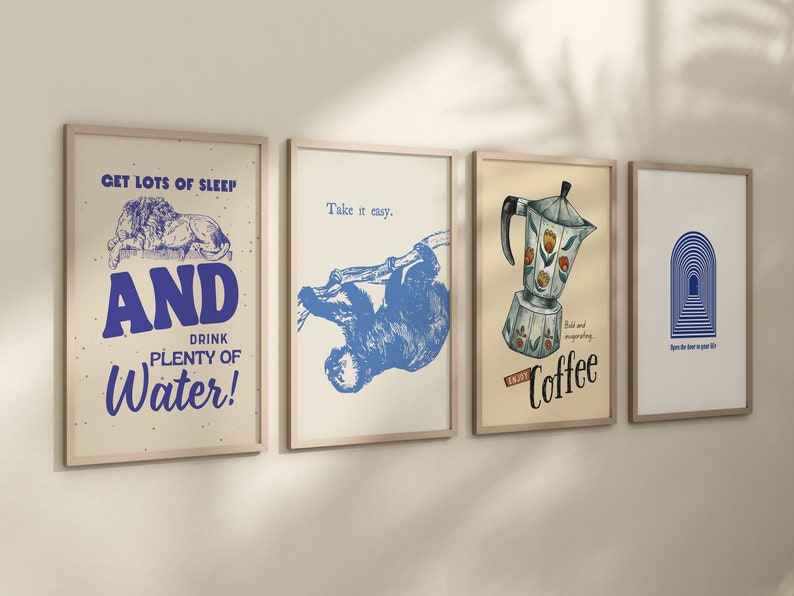 Blue Gallery Wall Art Trendy Retro Art Prints Blue Poster Set Blue Aesthetic Art Assorted Vintage Posters Digital Download Set of 12 image 7