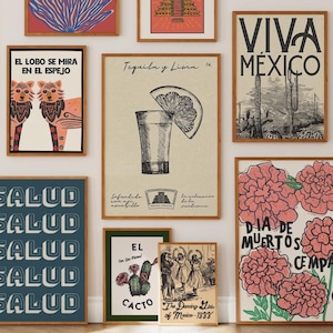Retro Mexican Prints Trendy Gallery Wall Art Mexican Art Bundle Pueblo Style Decor Colorful Mexican Wall Art Digital Download Set of 9