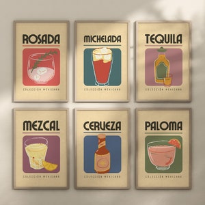 Meksykańskie wydruki na wózki barowe Retro Drink Wall Art Vintage Bar Cart Art Koktajlowe plakaty Dekoracje w stylu Pueblo Pobieranie cyfrowe Zestaw 6 wydruków
