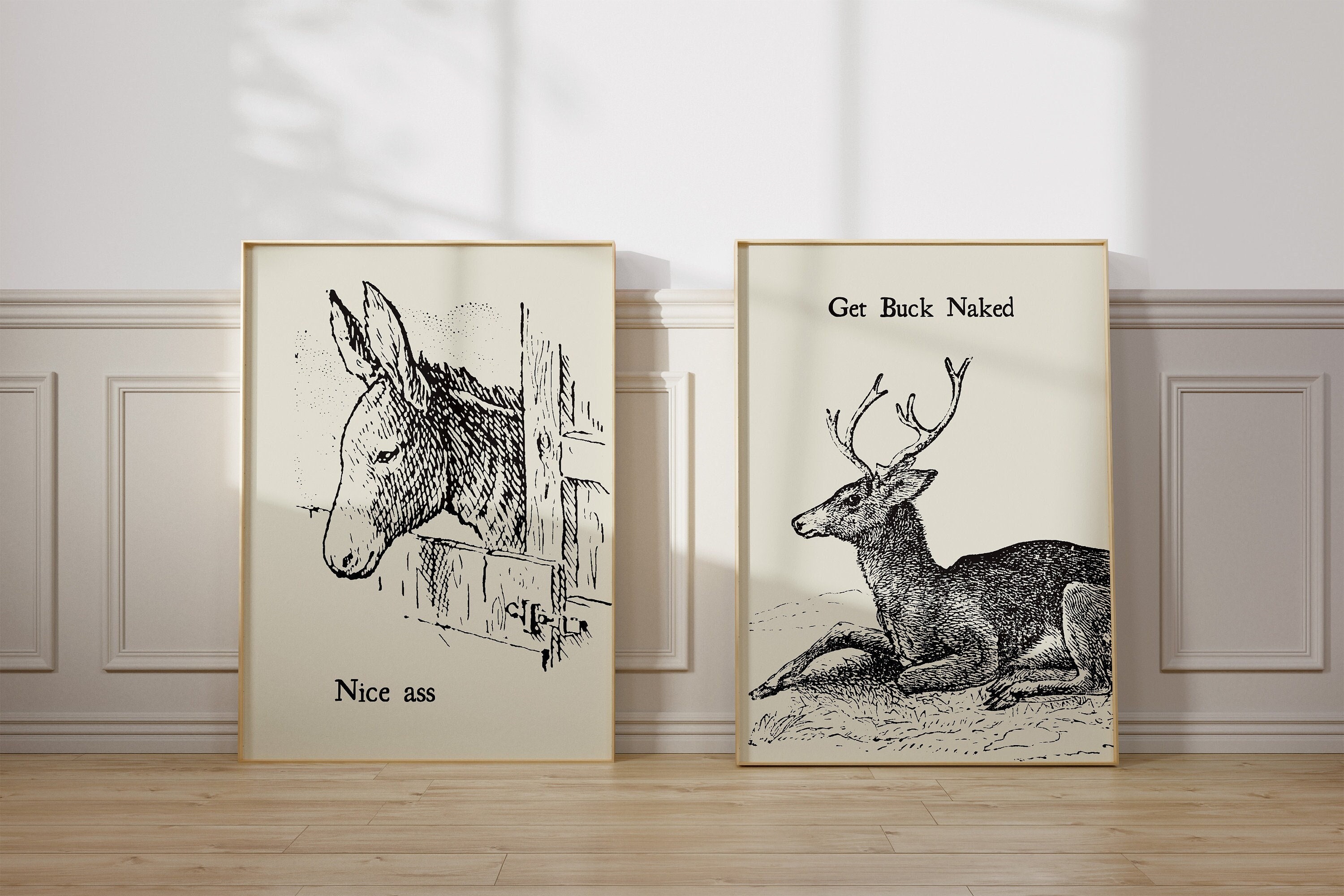 Vintage Bathroom Prints Funny Animal Posters Minimalist Bath Wall Art Trendy Bathroom Prints Offbeat Wall Decor Digital Download Set of 2