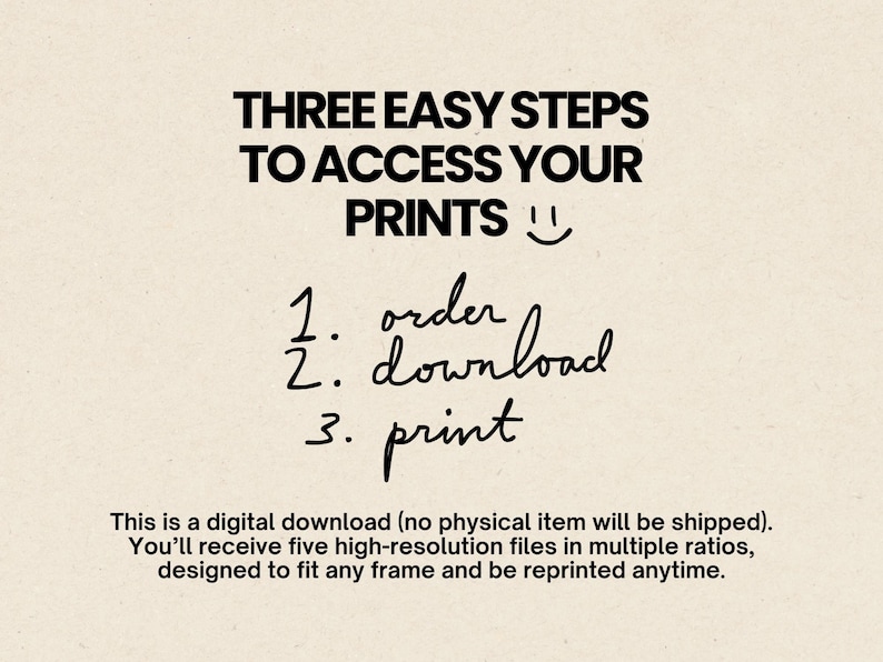 May include: A beige background with black text that reads "THREE EASY STEPS TO ACCESS YOUR PRINTS." Below, numbered steps: "1. order, 2. download, 3. print." Additional text explains it's a digital download.