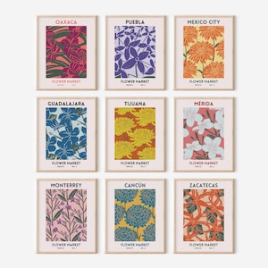 Mexico Art Bloemenmarkt Posters Vintage Mexico Dorm Decor Mexico City Art Prints Mexicaanse Floral Decor Wall Art Digitale Download Set van 9