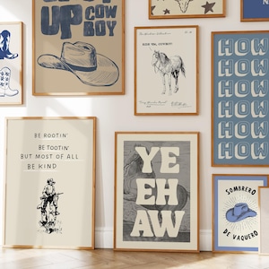 Blauwe retro westernprintset, cowboy/Cowgirl-galerij muurkunst (digitale download, 17 prints)