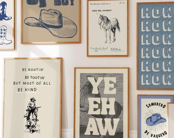 Blue Retro Western Print Set, Cowboy/Cowgirl Gallery Wall Art (Digital Download, 17 Prints)