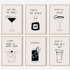 Bar Art Prints Nowoczesne plakaty z alkoholem Wydruki z koktajlami Sztuka ścienna na wózek barowy Wydruk tequili Plakat z wódką Wydruki z napojami Pobieranie cyfrowe Zestaw 6 sztuk