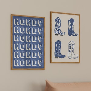 Blue Western Wall Art Howdy Poster Cowboy Boot Print Wild West Decor Cowgirl Art Prints Southwestern Posters Digital Download Set of 2