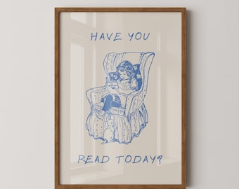 Vintage Reading Nursery Print | Blue Storytime Wall Art | Book Lover Kids Decor (Digital Download)