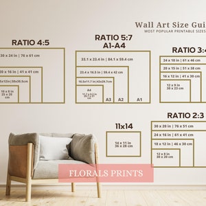 May include: Wall art size guide with various aspect ratios and dimensions. Ratios include 4:5, 5:7 (A1-A4), 3:4, and 2:3, with sizes in inches and centimeters. Sizes range from 10x8 inches to 30x24 inches. The guide is displayed on a light-colored wall with a neutral background.