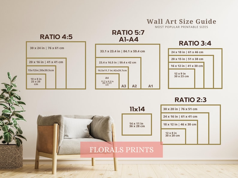 May include: Wall art size guide with various aspect ratios and dimensions. Ratios include 4:5, 5:7 (A1-A4), 3:4, and 2:3, with sizes in inches and centimeters. Sizes range from 10x8 inches to 30x24 inches. The guide is displayed on a light-colored wall with a neutral background.