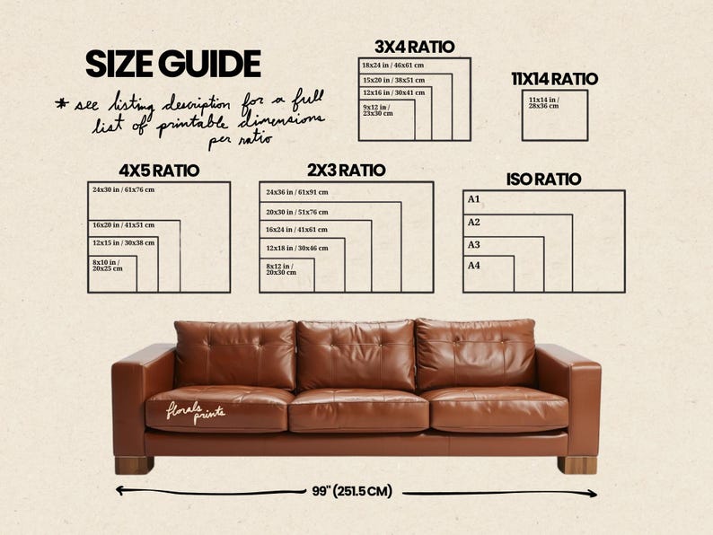 May include: A brown leather sofa with a 99-inch (251.5 cm) width, displayed with a size guide for printable dimensions. The guide includes ratios like 3x4, 4x5, 2x3, 11x14, and ISO, with dimensions in inches and centimeters.