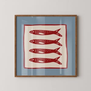 Red Folk Fish Print | Coastal Kitchen Decor | Scandinavian Folk Art | SQUARE Digital Download