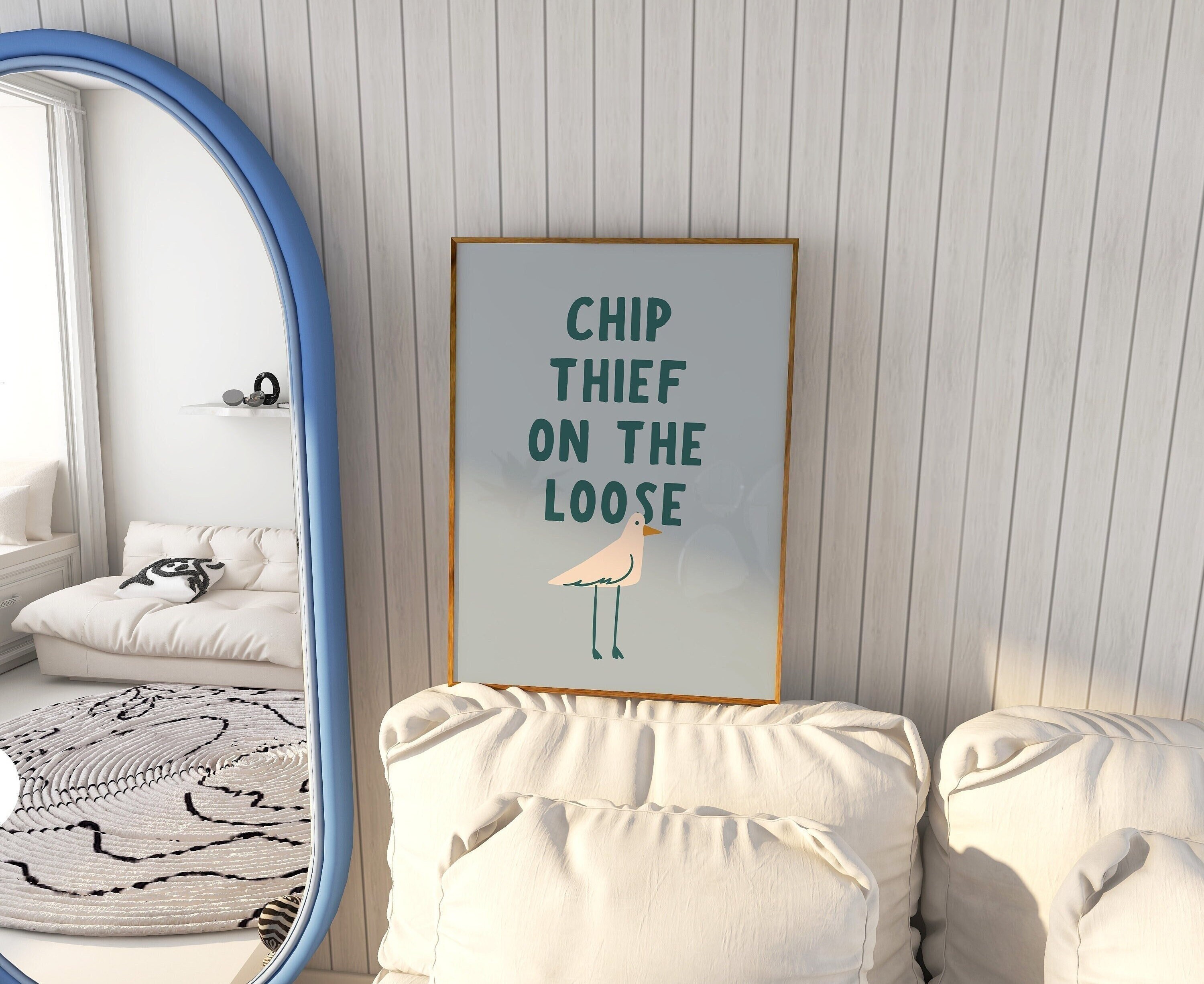 Funny Beach Print Cute Seagull Poster Ocean Wall Art Trendy Coastal Decor Blue Beach House Wall Art Beachy Print Digital Download 1 Print