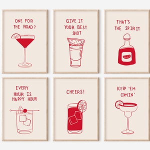 Bar Art Prints Nowoczesne plakaty z alkoholem Wydruki z koktajlami Sztuka ścienna na wózek barowy Wydruk tequili Plakat z wódką Wydruki z napojami Pobieranie cyfrowe Zestaw 6 sztuk
