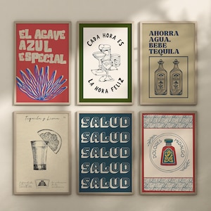 Meksykańskie wydruki na wózkach barowych Hiszpańska sztuka ścienna Vintage plakaty koktajlowe Meksykańskie wydruki Sztuka barowa Hiszpański wystrój Wózek barowy Cyfrowe pobieranie Zestaw 6