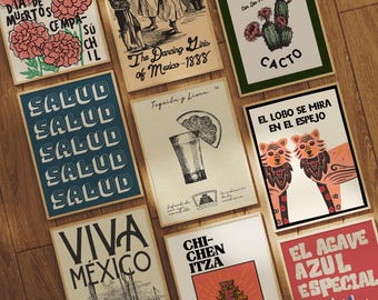 Retro Mexican Art Prints, Spanish Gallery Wall Art (Digital Download, Set of 9)
