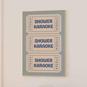Shower Karaoke Ticket Print, Blue Ticket Art Print, Bathroom Decor Retro Blue Cream Aesthetic, Shower Singing, Digital Retro Poster Prints