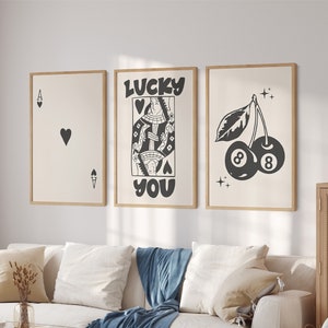 Trendy Wall Art Set of 3 Lucky You Poster Trendy Aesthetic Print Ace Card Poster Black Beige Wall Print Cherry 8 Ball Poster Above Bed Decor