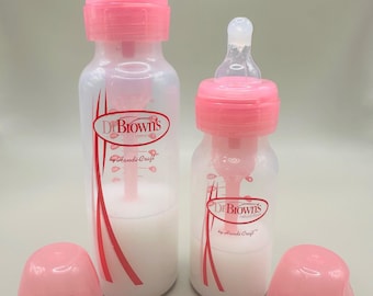 Reborn Doll Milk Bottles, 8oz and 4oz Dr. Brown's, Fake Milk, Pretend Play, Plastic, Faux Milk, two pack PINK