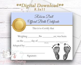 Digitale download geboorteakte reborn-pop, geboorteakte Realborn baby, adoptiepapier pop, BLAUW