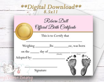 Digital Download Reborn Doll Birth Certificate, Realborn Baby Birth Certificate, Doll Adoption Paper PINK
