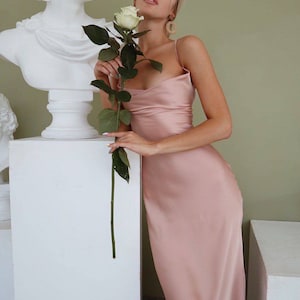 Blush Dress | Bridesmaid & Wedding Guest Dusty Rose Dress | Bodycon Silk Satin Midi Dress | Open Back Dress | Backless Cowl Neck Split Dress